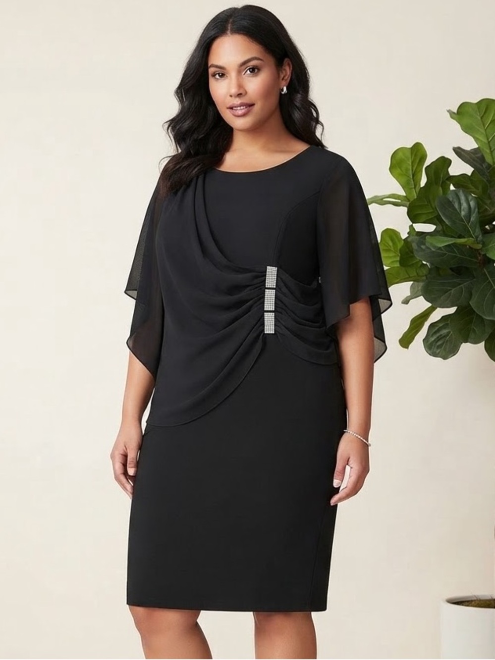 Elegant Black Draped Evening Dress with Rhinestone Accent and Sheer Capelet